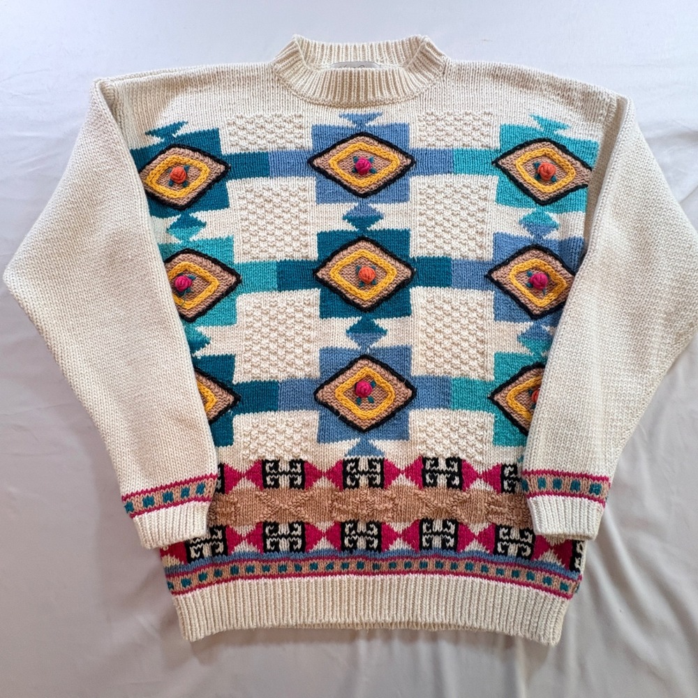 Kim Rogers Geometric Knit Sweater Womens Small Ivory Ramie Cotton Vintage Style